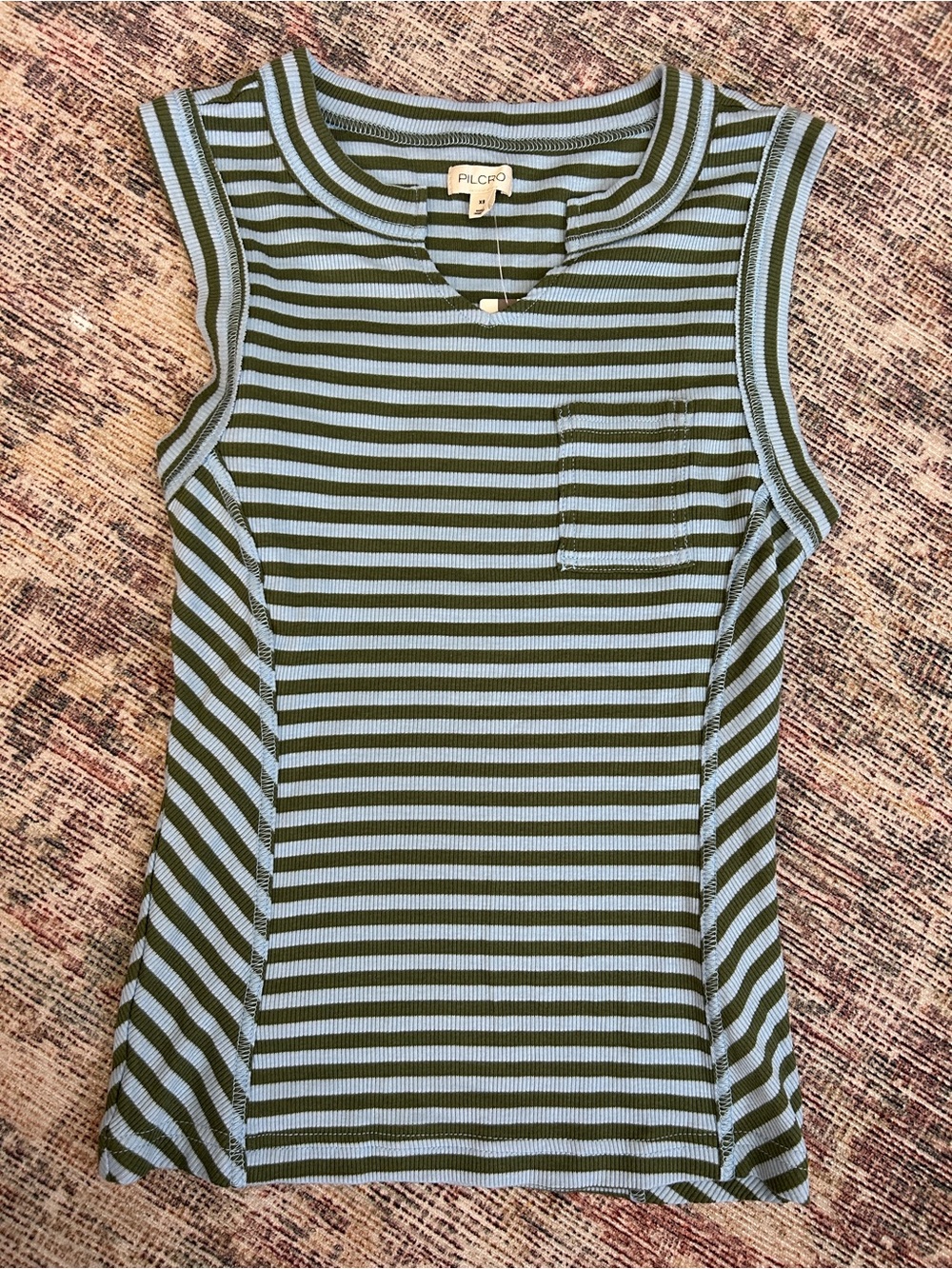 Pilcro Olive Green and Light Blue Striped Ribbed Tank